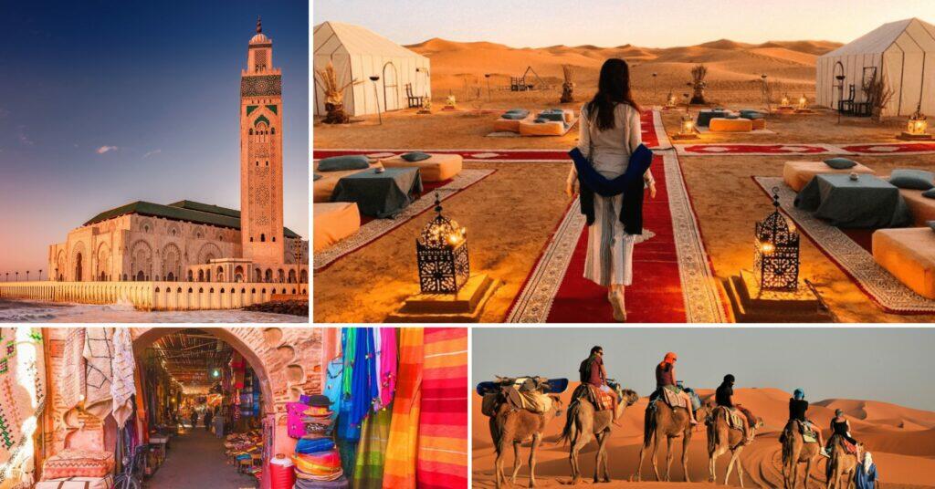 Morocco experiences collage featuring Hassan II Mosque, desert camps, traditional souks, and camel caravans